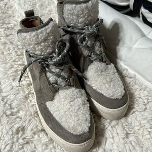 J slide Sherpa hightop suede platform sneakers